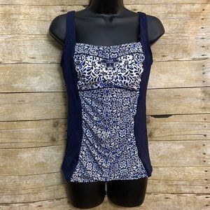 Lands End Size 8 Tankini Swim Suit Top Blue Floral Underwire Adjustable Straps